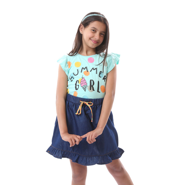 Girls Short Sleeves T-Shirt with Polka Dots Pattern - Blue