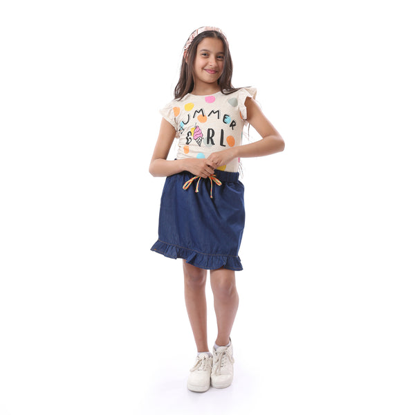 Girls Sleeveless Colorful Patterned T-Shirt - Beige