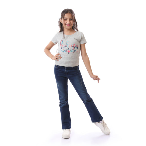 Girls Round Neck Short Sleeves T-Shirt - Light Grey