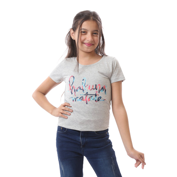 Girls Round Neck Short Sleeves T-Shirt - Light Grey