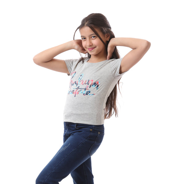 Girls Round Neck Short Sleeves T-Shirt - Light Grey