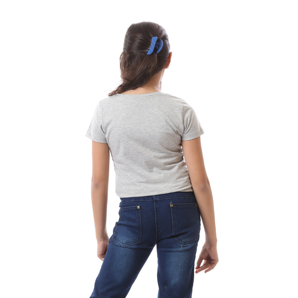 Girls Round Neck Short Sleeves T-Shirt - Light Grey