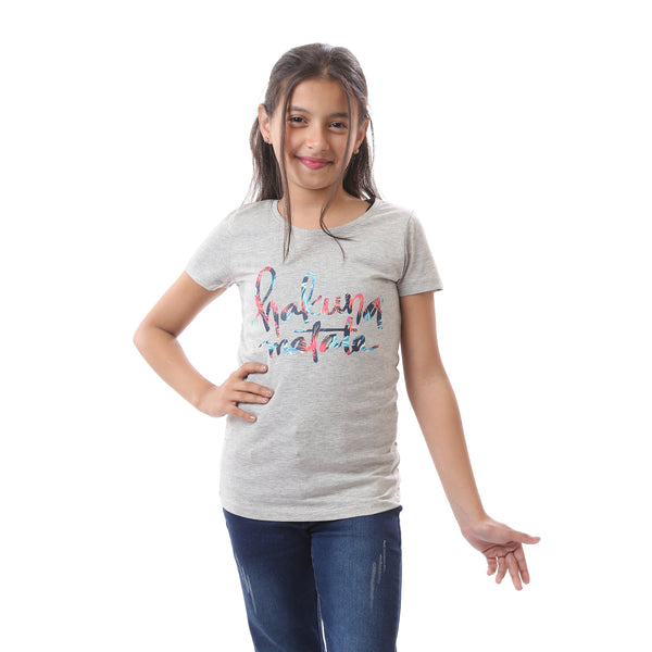 Girls Round Neck Short Sleeves T-Shirt - Light Grey