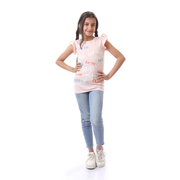 Girls Regular Fit Slip On Patterned T-Shirt - Rose