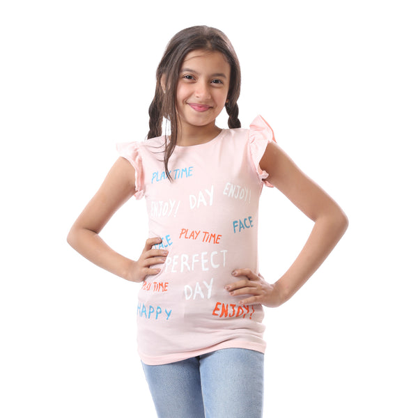 Girls Regular Fit Slip On Patterned T-Shirt - Rose