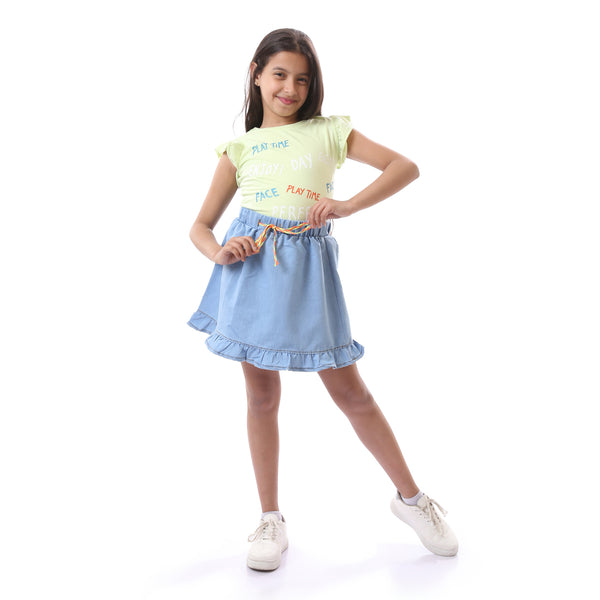 Girls Round Neck Printed  Cotton T-Shirt - Light Green