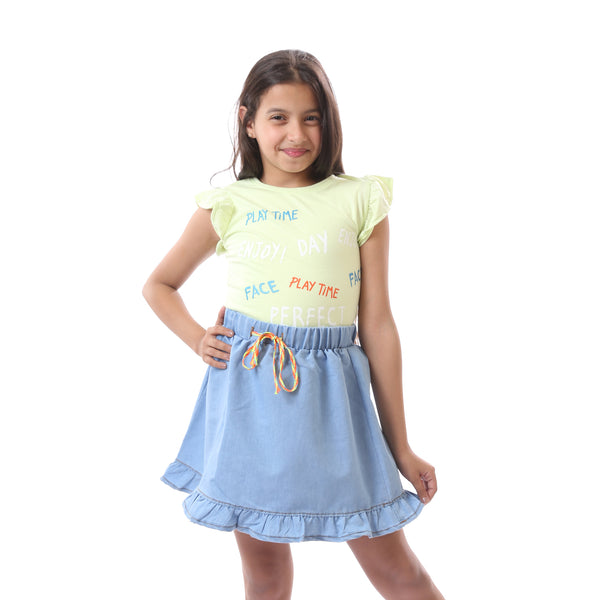 Girls Round Neck Printed  Cotton T-Shirt - Light Green