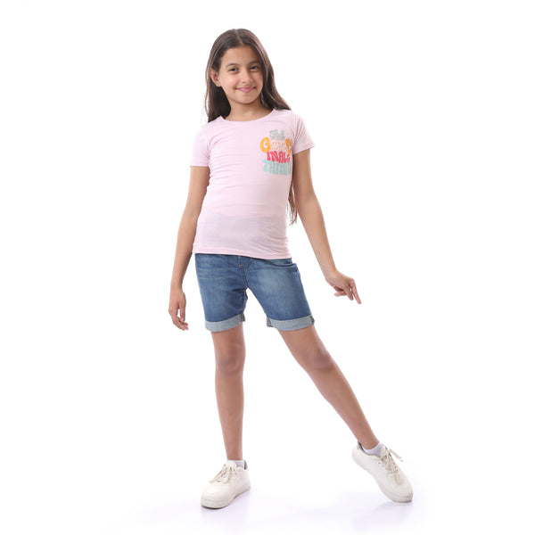 Girls Colorful Print Short Sleeves T-Shirt - Rose