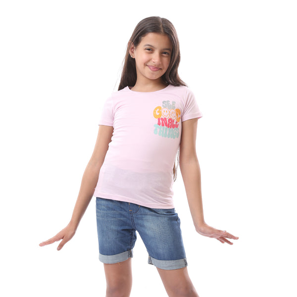 Girls Colorful Print Short Sleeves T-Shirt - Rose
