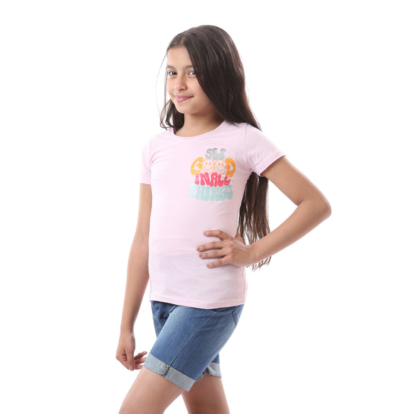 Girls Colorful Print Short Sleeves T-Shirt - Rose