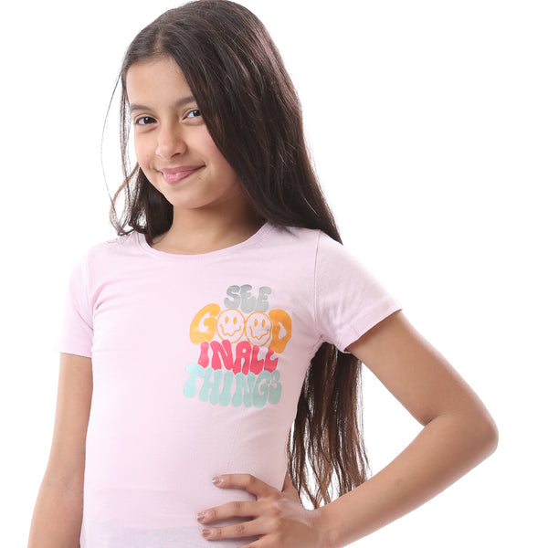 Girls Colorful Print Short Sleeves T-Shirt - Rose