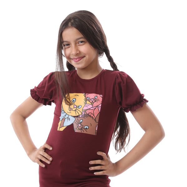 Girls Round Neck Short Sleeves T-Shirt - Burgundy