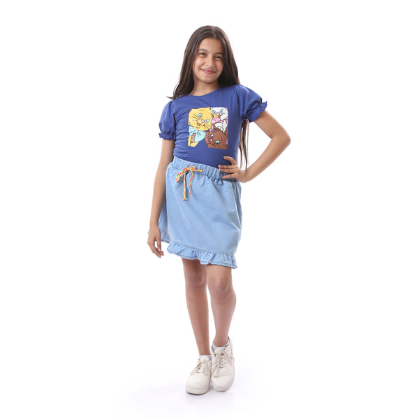 Girls Elastic Short Sleeves Printed T-Shirt - Navy Blue