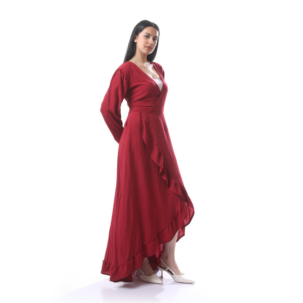 Chic_Maxi_Long_Sleeves_Wrap_Dress_With_Ruffle_Design_-_Dark_Red