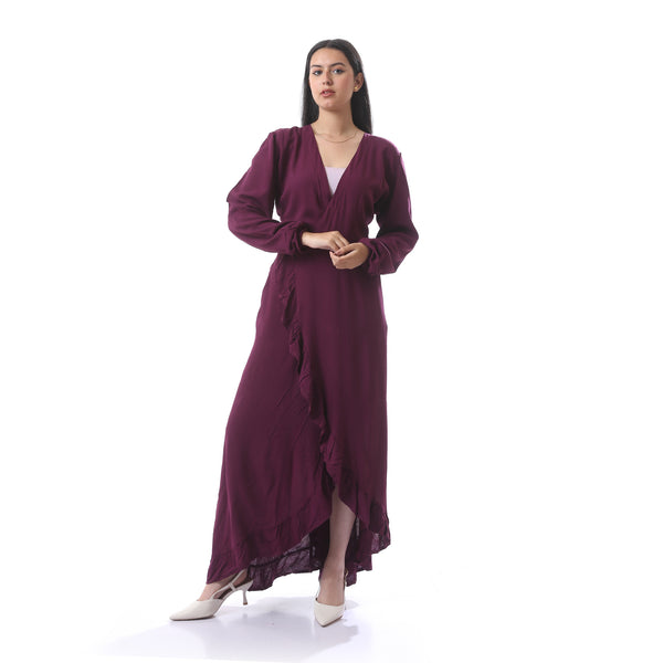 Elegant_Maxi_Long_Sleeves_Wrap_Dress_With_Ruffle_Design_-_Burgundy