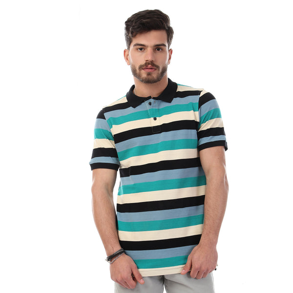 Striped Short Sleeves Buttoned Polo Shirt - Multicolour_2