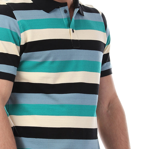 Striped Short Sleeves Buttoned Polo Shirt - Multicolour_2
