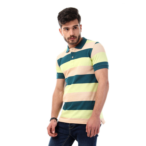 striped- short- sleeves- buttoned- polo- shirt- - multicolour