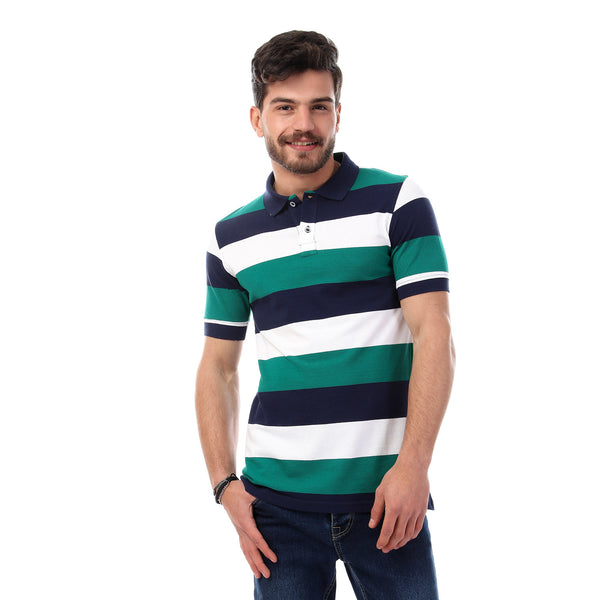 Striped Short Sleeves Buttoned Polo Shirt - Multicolour_8