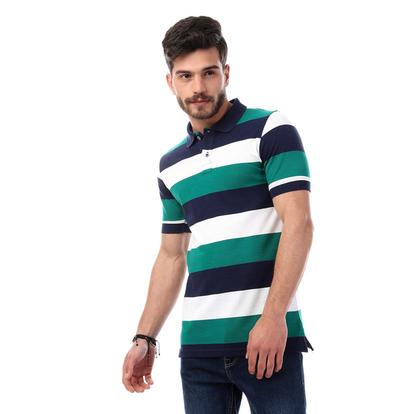 Striped Short Sleeves Buttoned Polo Shirt - Multicolour_8