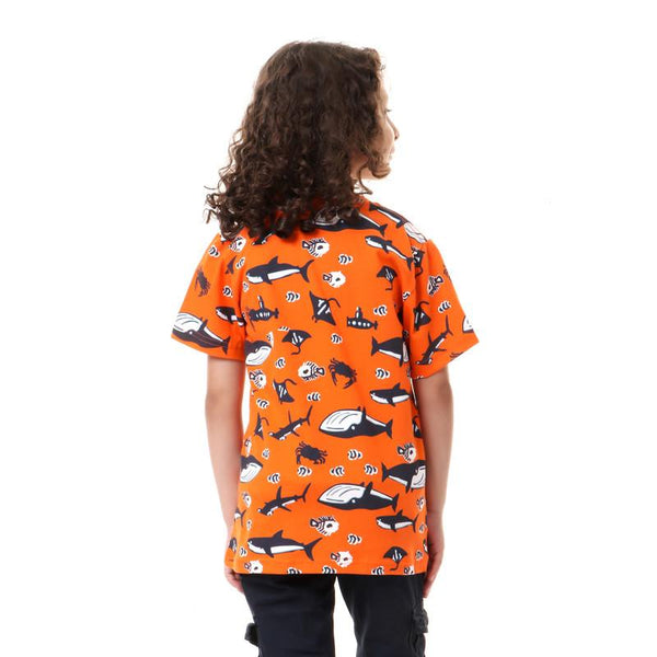 boys- printed- sea- creatures- t-shirt- - orange
