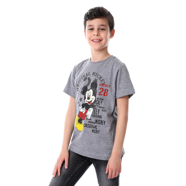 mickey printed round neck t-shirt for boys - heather grey