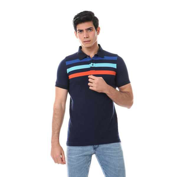 trendy casual polo shirt - navy blue- orange - blue