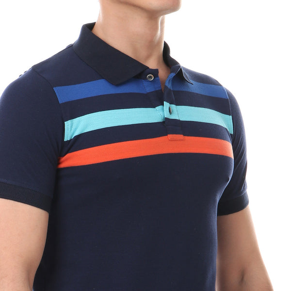 trendy casual polo shirt - navy blue- orange - blue