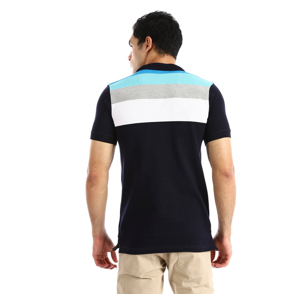 Wide Striped Buttoned Neck Polo Shirt - Navy Blue, Grey & White