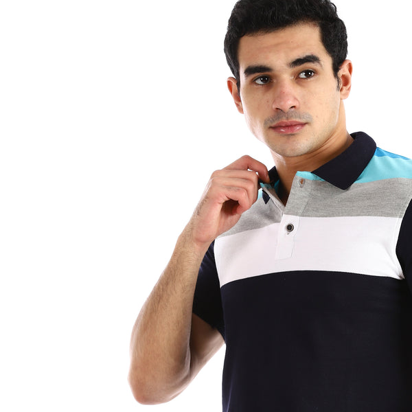 Wide Striped Buttoned Neck Polo Shirt - Navy Blue, Grey & White