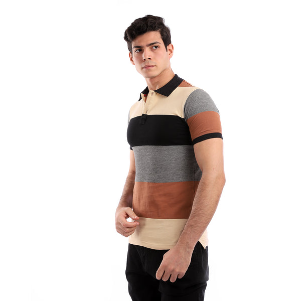 Wide Striped Pique Polo Shirt - Black