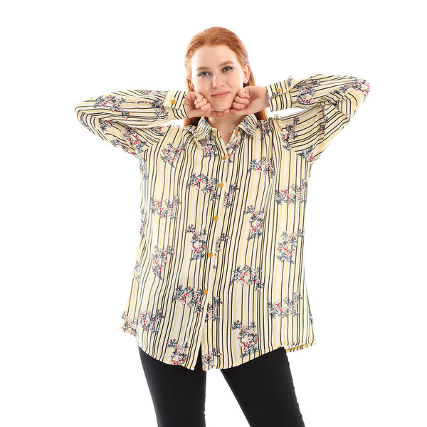 Striped With Floral Pattern Buttons Down Shirt - Yellow