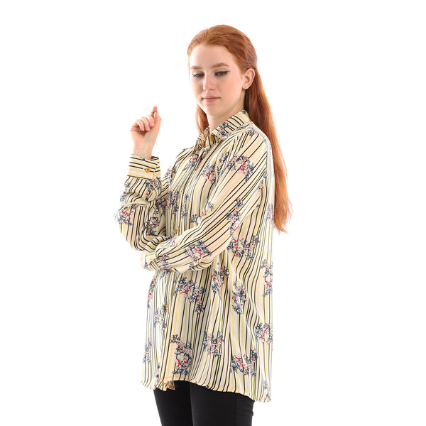 Striped With Floral Pattern Buttons Down Shirt - Yellow