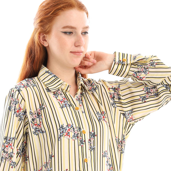 قميص مخطط بأزرار منقوشة بالزهور - أصفر