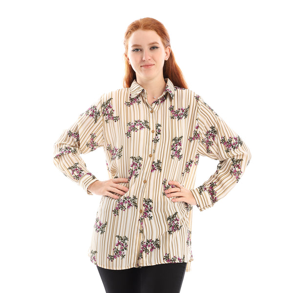 Striped Floral Buttoned Turn Down Shirt - Beige