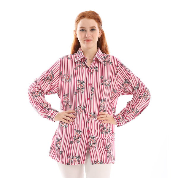 Floral Striped Full Buttons Down Shirt - Pink