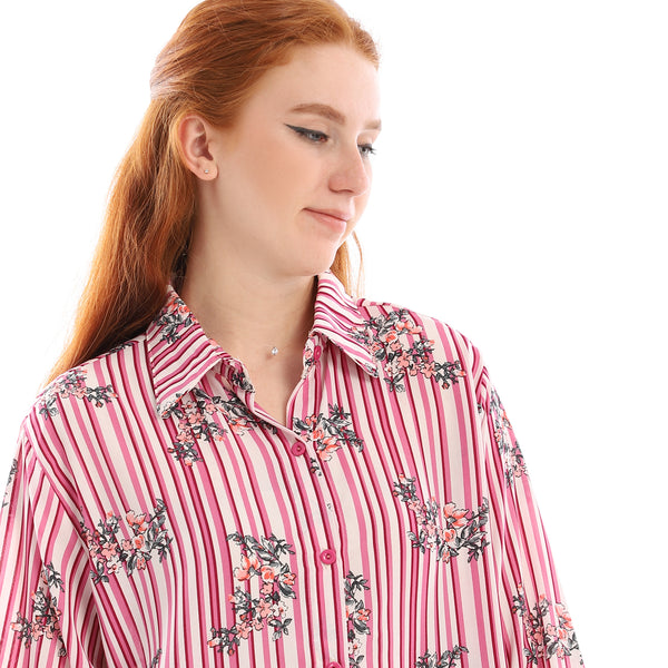 Floral Striped Full Buttons Down Shirt - Pink