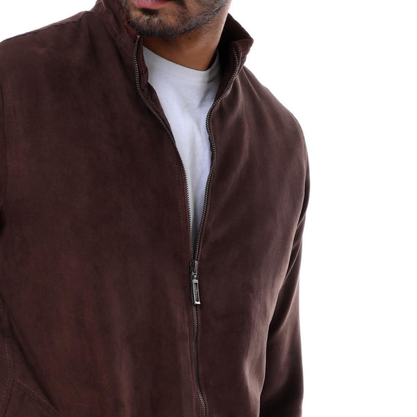 Suede Zipped Casual Jacket - Brown