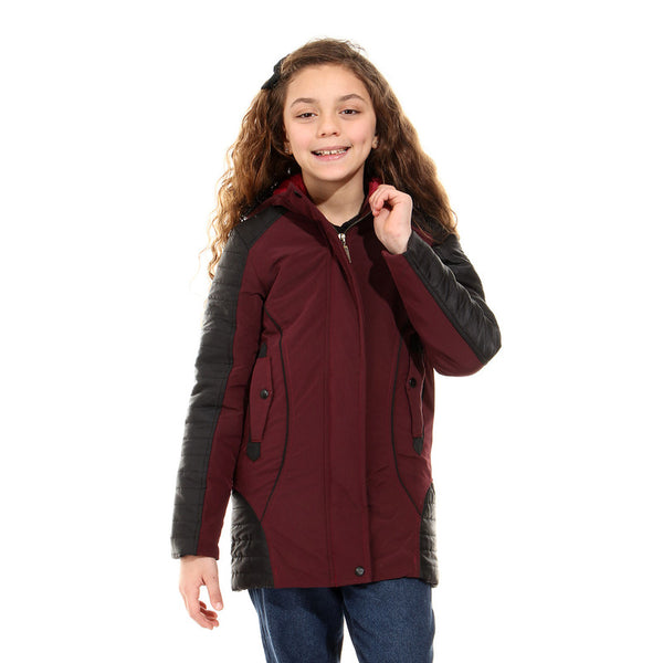 double closure hooded girls jacket - maroon - black