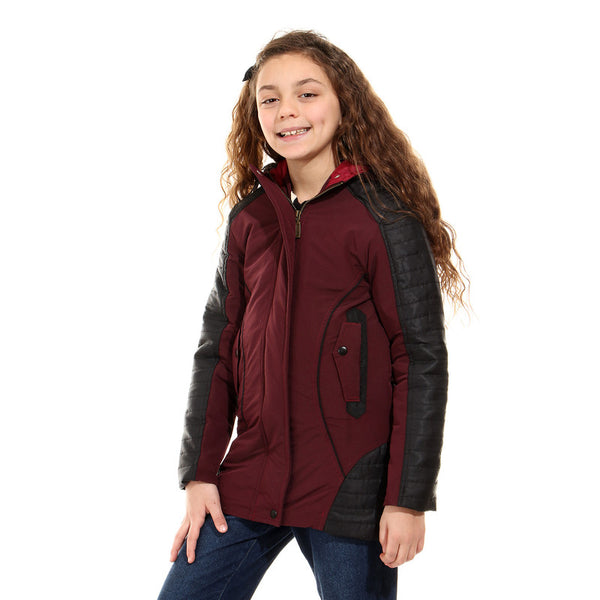 double closure hooded girls jacket - maroon - black