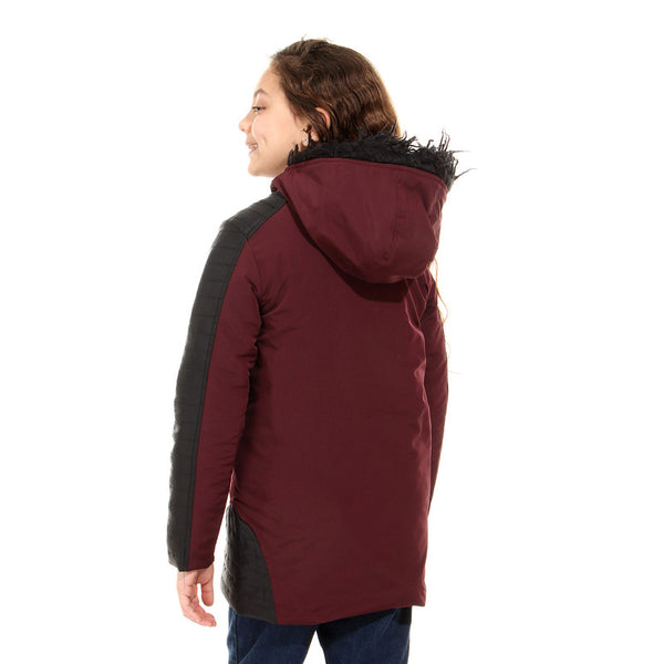 double closure hooded girls jacket - maroon - black