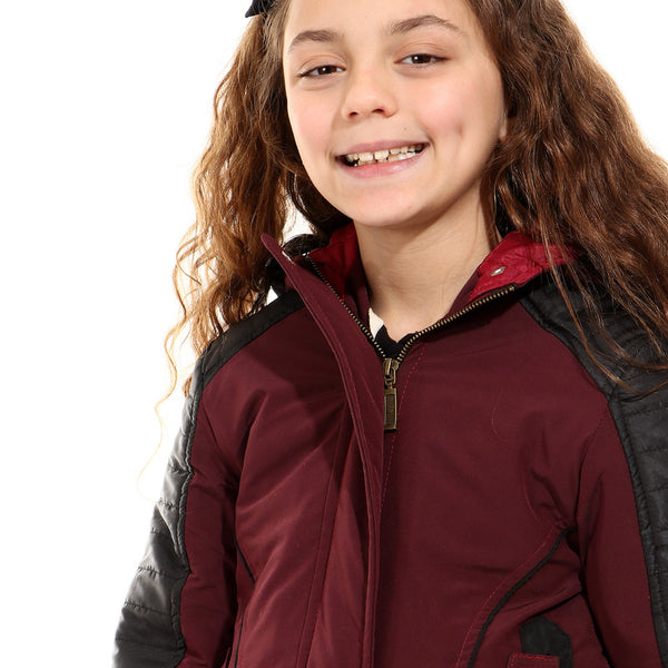 double closure hooded girls jacket - maroon - black