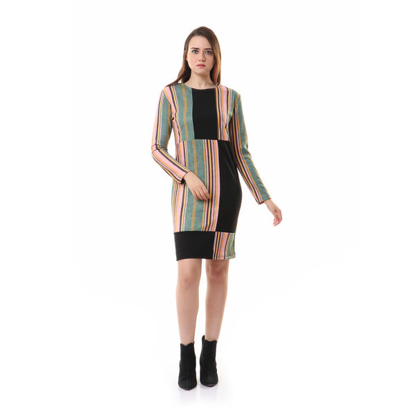 Rounded Striped Long Sleeves Dress - Green & Pink