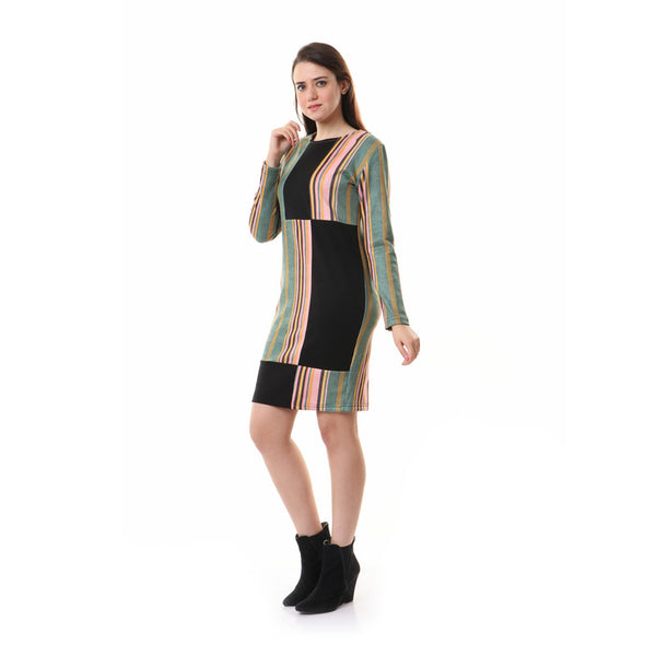 Rounded Striped Long Sleeves Dress - Green & Pink