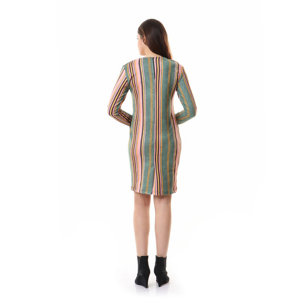 Rounded Striped Long Sleeves Dress - Green & Pink