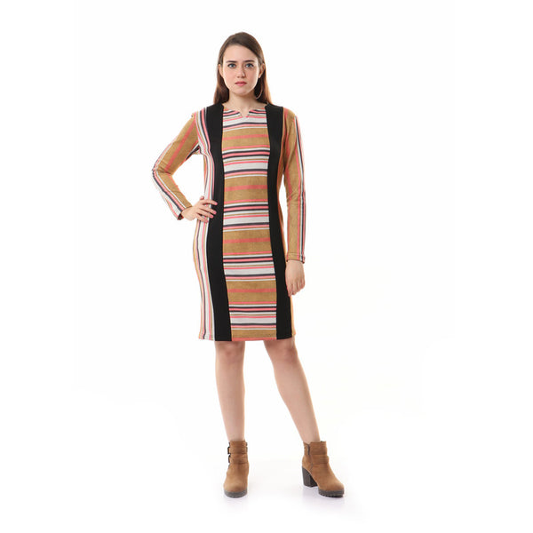 Striped_Full_Sleeves_Zipped_Dress_-_Mustard_&_Black
