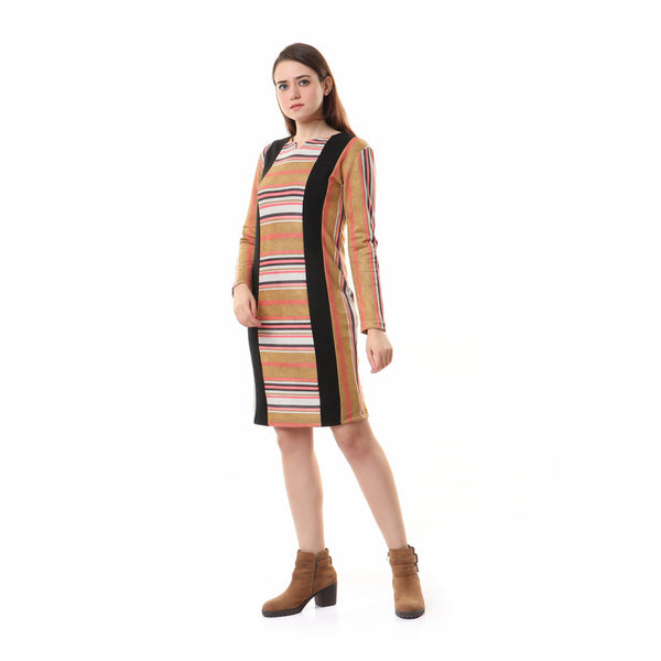 Striped_Full_Sleeves_Zipped_Dress_-_Mustard_&_Black