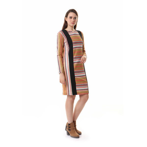 Striped_Full_Sleeves_Zipped_Dress_-_Mustard_&_Black