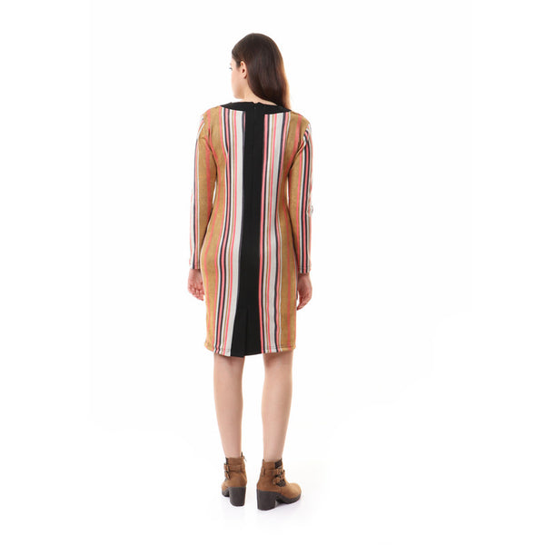 Striped_Full_Sleeves_Zipped_Dress_-_Mustard_&_Black