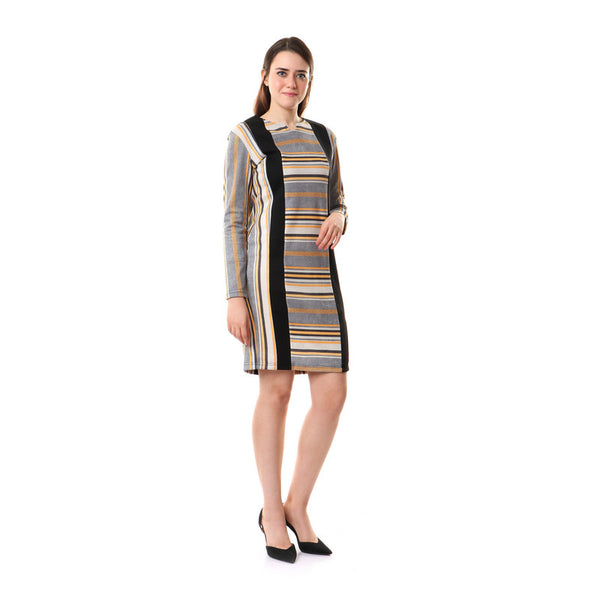 Striped Full Sleeves Zipped Dress - Grey